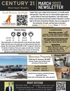 Dickinson, North Dakota real estate March newsletter highlighting Copper Dog Cafe and 12020 Highway 10 in Dickinson